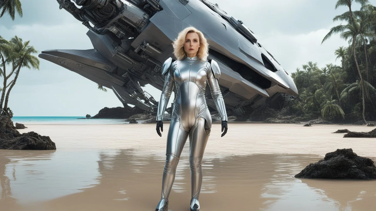 Middle-aged woman with blond hair in a robotic silver catsuit, standing on the right of a partially submerged sleek spaceship, on an alien beach, with alien trees