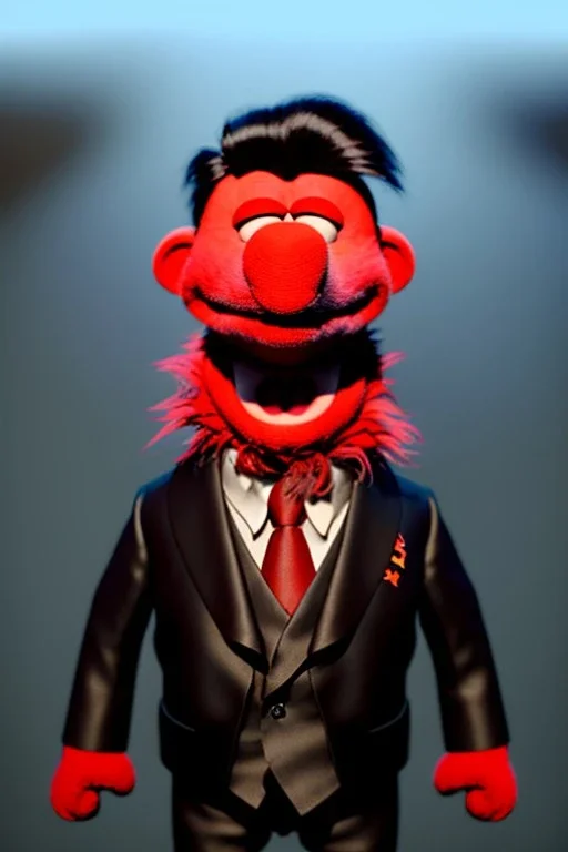 Waist up muppet Portrait, Kim Jong-un as muppet doll, black suit, photo studio, red background, unreal engine 5, concept art, art station, god lights, ray tracing, RTX, lumen lighting, ultra detail, volumetric lighting, 3d.