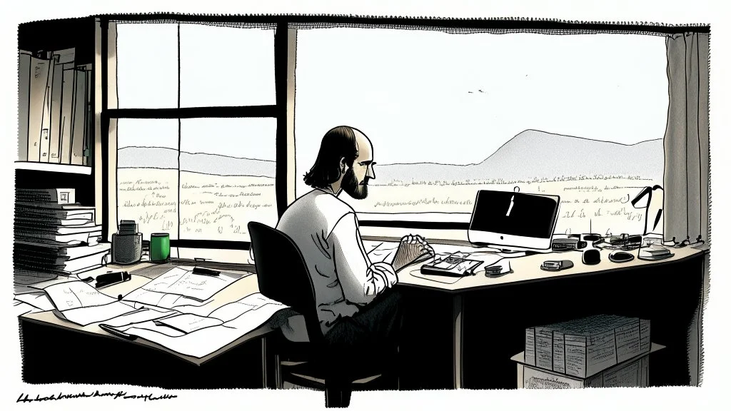 الصورة تعرض ستيف جوبز وهو جالس في مكتبه الخاص، وراءه نافذة تطل على مناظر طبيعية هادئة. يظهر جوبز وهو يرتدي ثوبًا بسيطًا ويتلقى مكالمة هاتفية بينما يعمل على جهاز كمبيوتر محمول. يتسم وجهه بتعابير التفكير العميق والابتسامة الخفيفة، مما يشير إلى تركيزه الشديد وتفكيره الابتكاري. على مكتبه، يمكن رؤية مجموعة من المخططات والنماذج المصغرة لأجهزة تكنولوجية، مما يظهر اهتمامه بالتفاصيل والتصميم المميز. كما يمكن أن نلاحظ تواجد كتب وأدوات كتابة، مما يشير إلى تطلعه المستمر للمعرفة والابتكار. الإضاءة في الصور