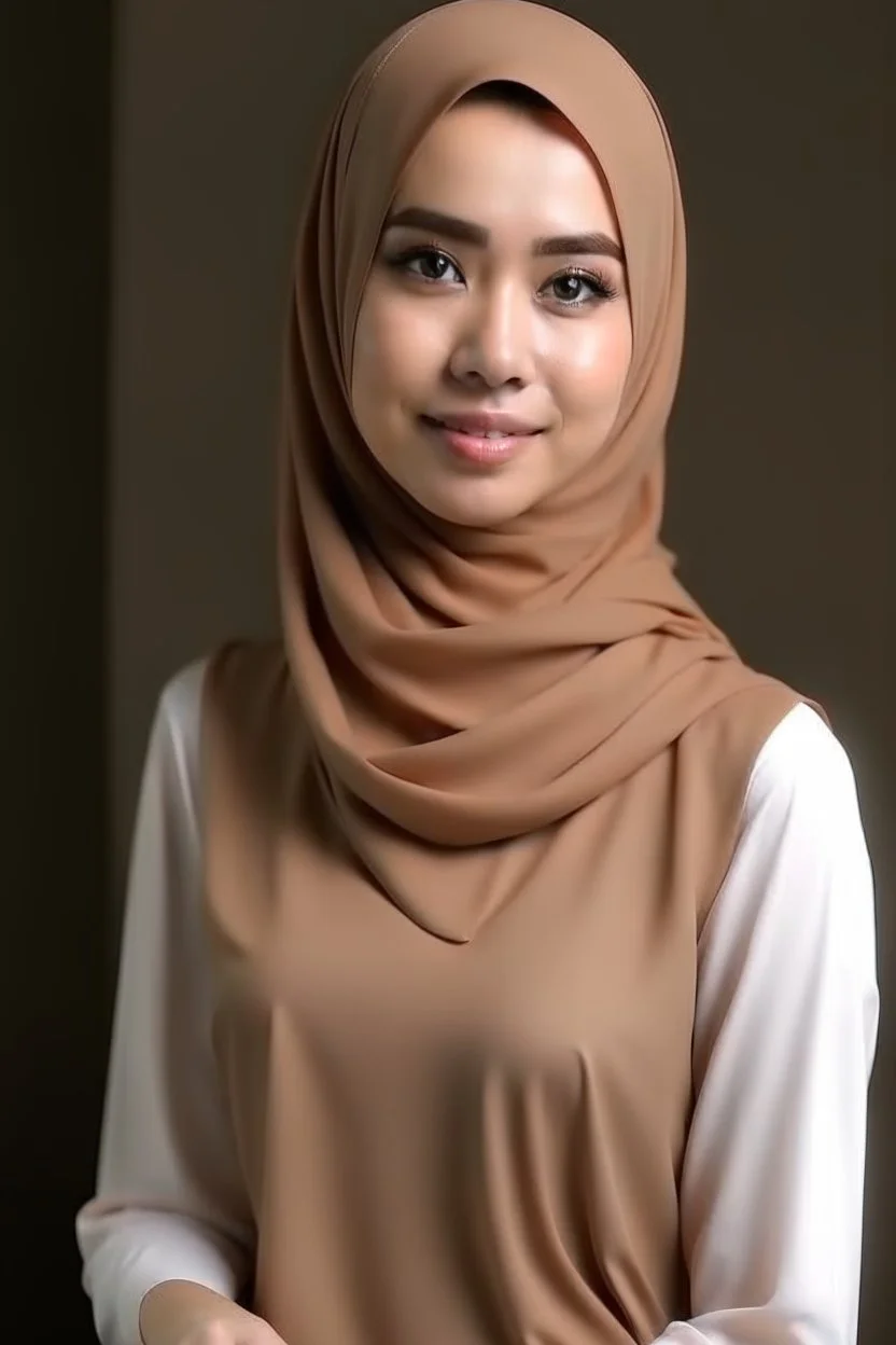 a muslim woman, fair skin, Malay race, standing posture, young executive