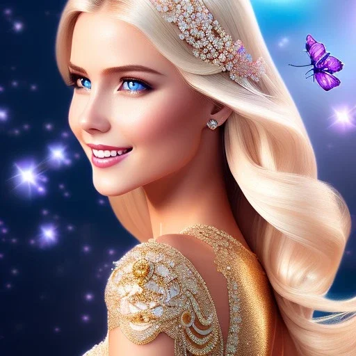 Full body Princess, sexy woman blondie, make up, beautiful smiling face,blue eyes, beautiful place,amazing, flowers, colors, blue and pink butterfly, realistic, photo real, stars night, detailed, high contrast, 8k high definition, unreal engine 5, extremely sharp detail, light effect, light background