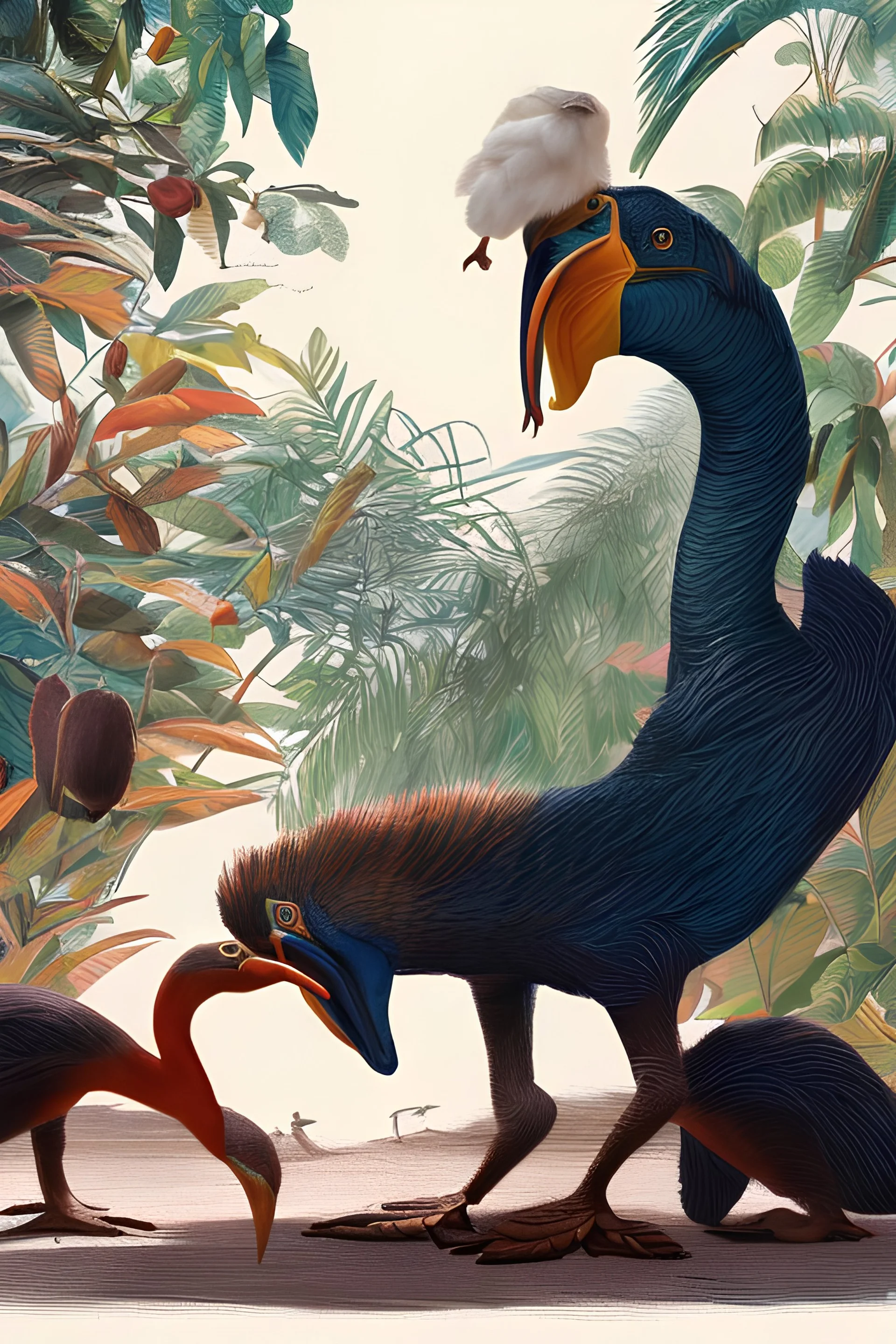 John James Audubon-like illustration of a fully uncropped Dodo bird and a Platypus in a chinoiserie landscape of warm yellows, warm reds, and warm blues