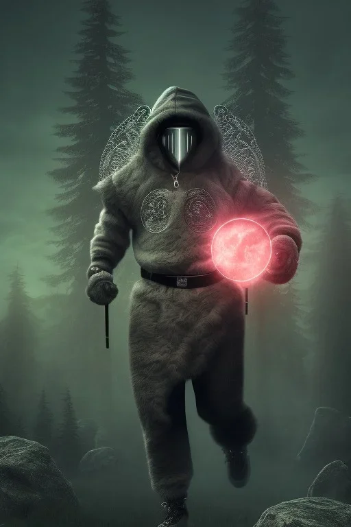 running berserker portrait , no face, black jogging suite , in the night Alps , holding coins , angels background, volumetric light, high detail, dark leaf tree, dark mountains in background, perfect, HR Giger style