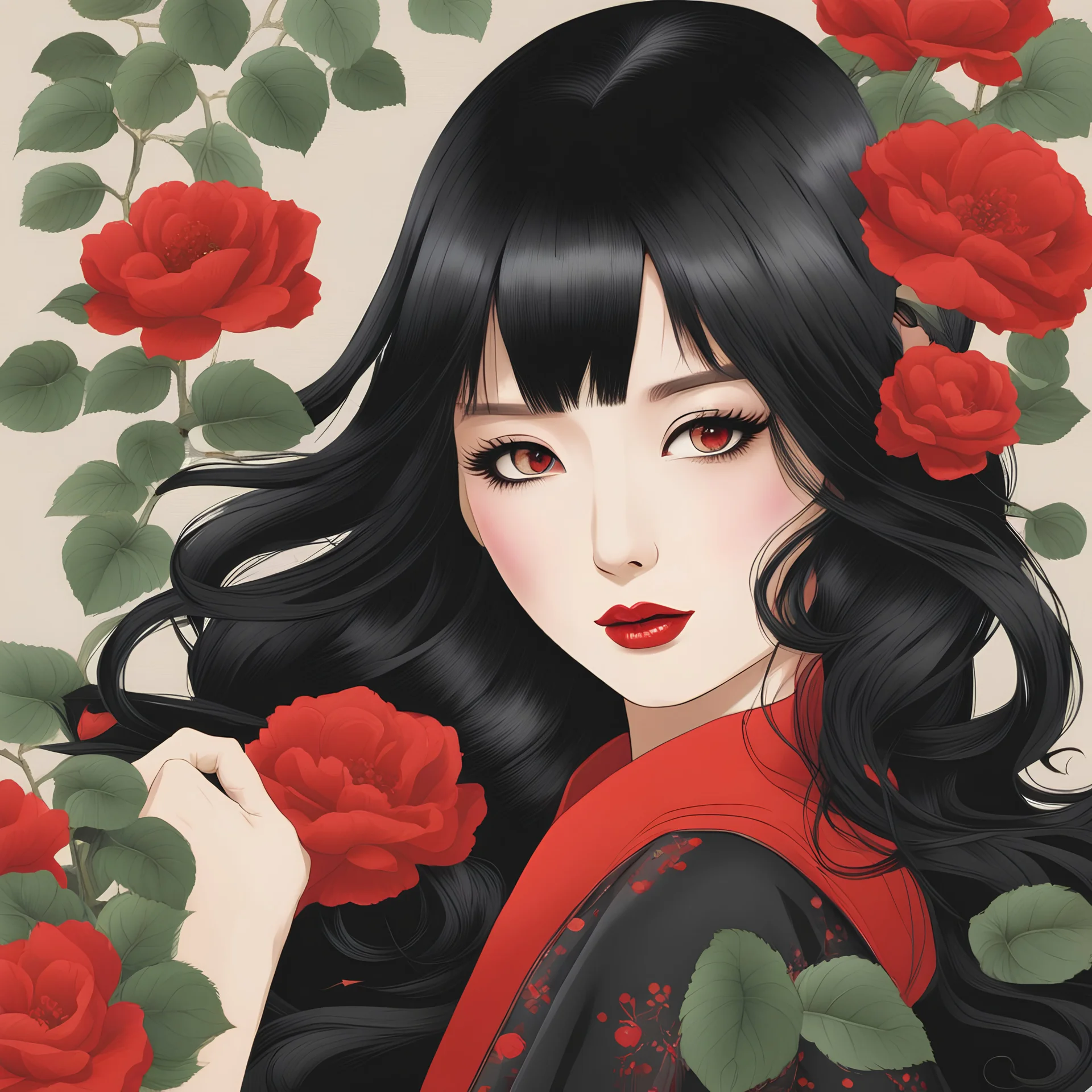 a close up of beautiful Japanese woman,, long wavy black hair , make up, red lips