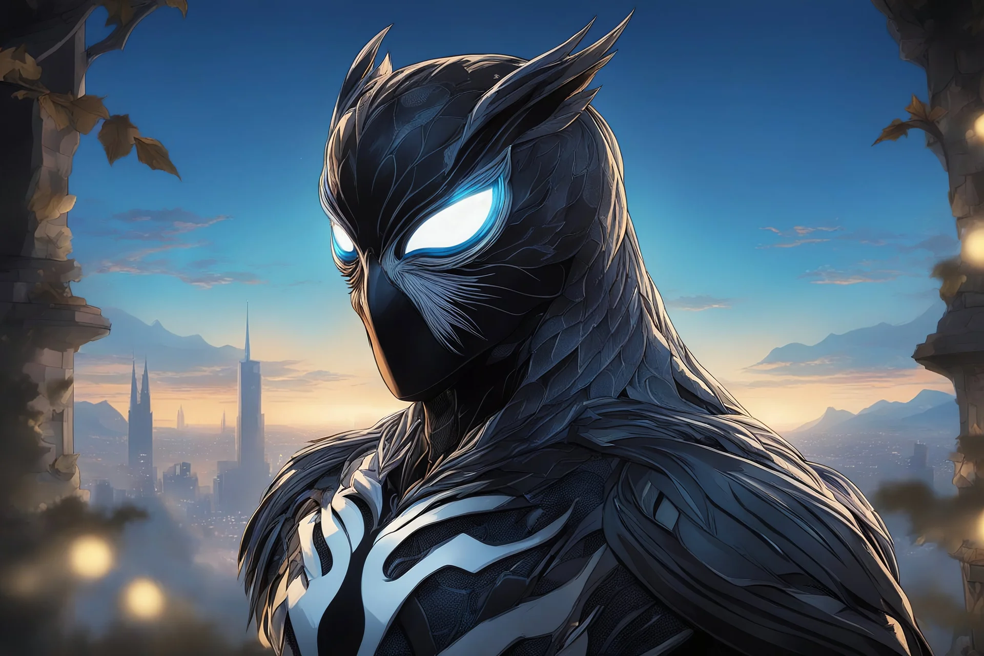 Symbiote in 8k solo leveling shadow drawing, owl barn, blue lights, sky , intricate details, highly detailed, high details, detailed portrait, masterpiece,ultra detailed, ultra quality