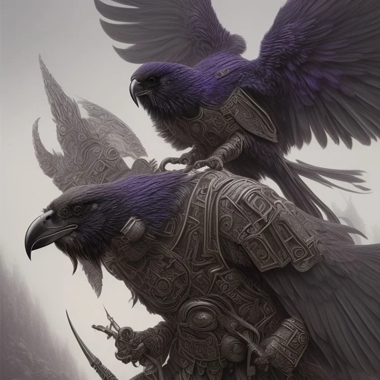 angry Raven warrior in black and purple battle armor, a highly detailed illustration, background of Inka jungle, realistic render, 8 k, micro detail, intricate, elegant, centered, digital painting, Artstation, smooth, sharp focus, illustration, artgerm, tomasz alen kopera, peter mohrbacher, donato giancola, joseph christian leyendecker, wlop, boris vallejo