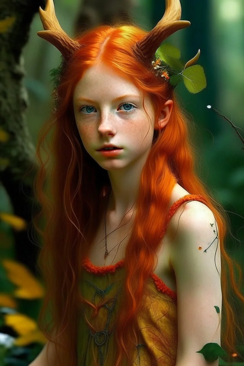 pretty girl, aged 13, ginger, conventionally attractive, realism, dreamy, tight top, bright clothes, full length, faun, satyr