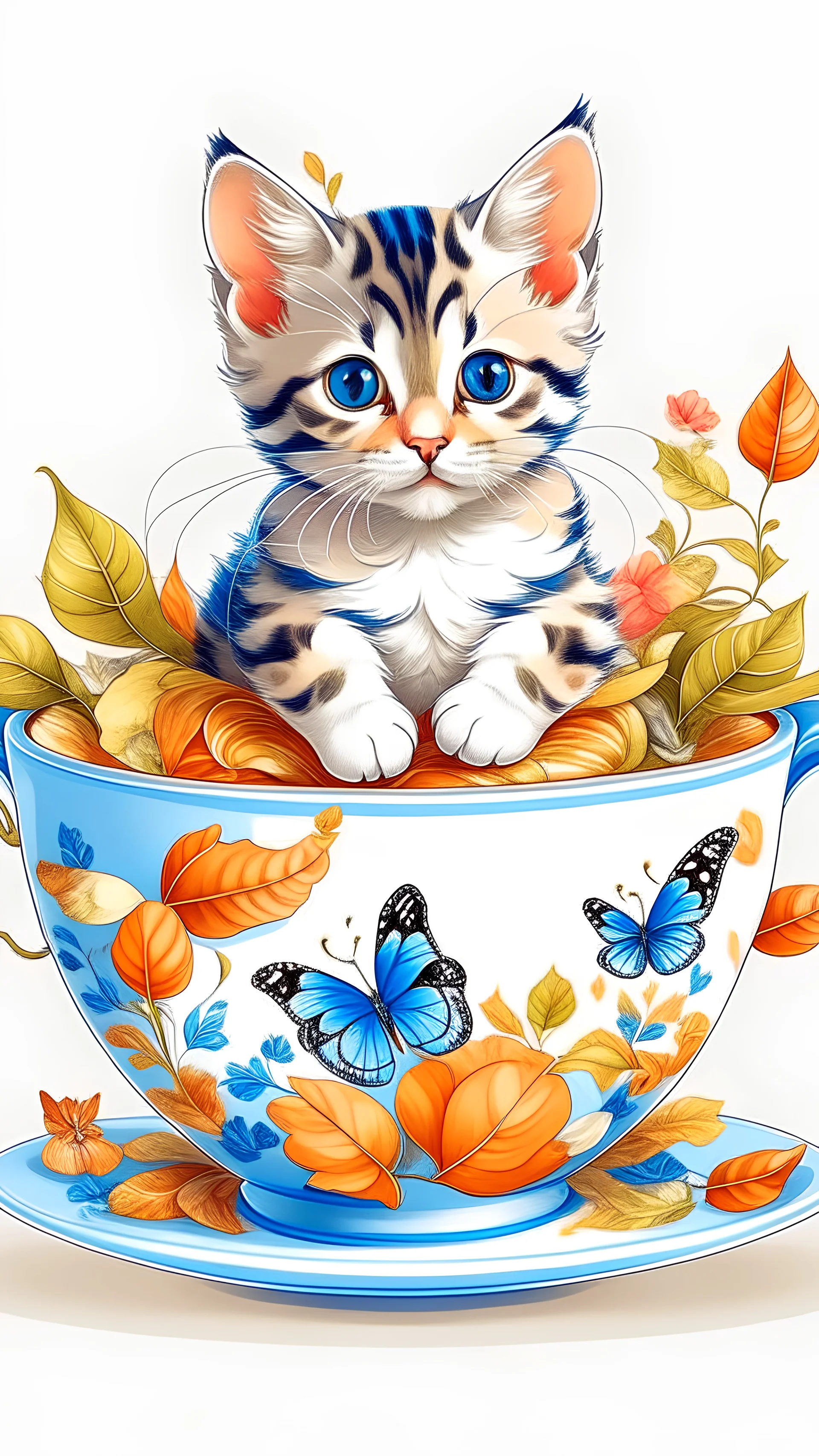 Kitten in a Teacup , repeating patterns design, fabric art, flat illustration, Vector, 4K, Art station, digital print, highly detailed clean, vector image, photorealistic masterpiece, realistic butterflies , flat background, isometric, bright vector, white background, 500 leaf, bright color, beautiful