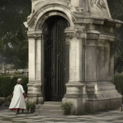 a couple walking in Père Lachaise cimetery in Paris, the woman is wearing a white dress and is pointing something in the background, hyper-realistic style, cinematography, 4K