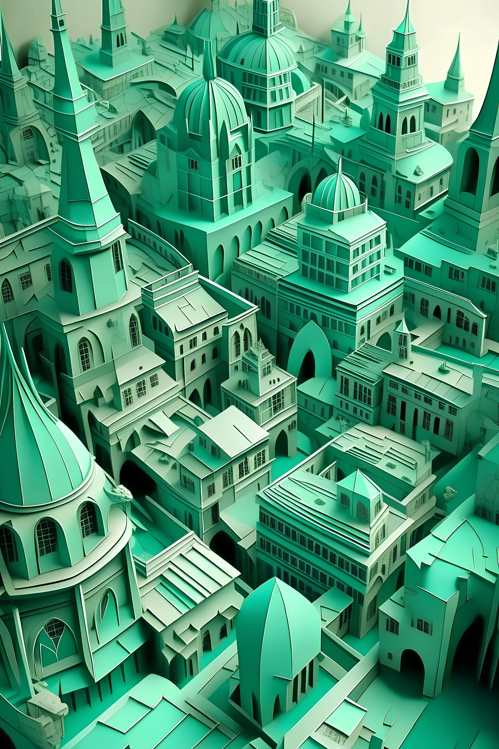 A mint colored city made out of instruments painted by MC Escher