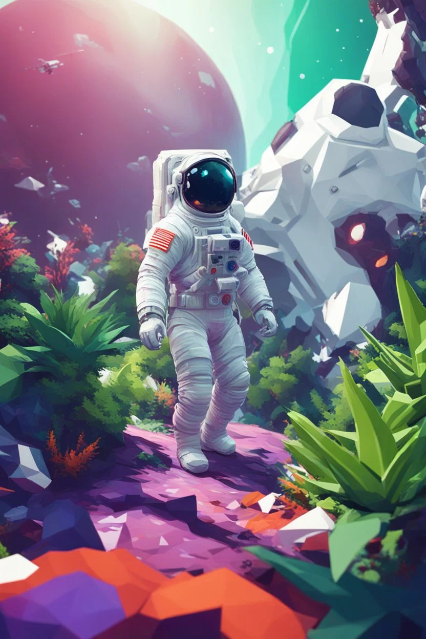 (((close midshot))), (((low poly art:2))), (astronaut), ultra detailed illustration of an environment on a dangerous:1.2 exotic planet with plants and wild (animals:1.5), (vast open world), astroneer inspired, highest quality, no lines, no outlines candid photography. by Lekrot