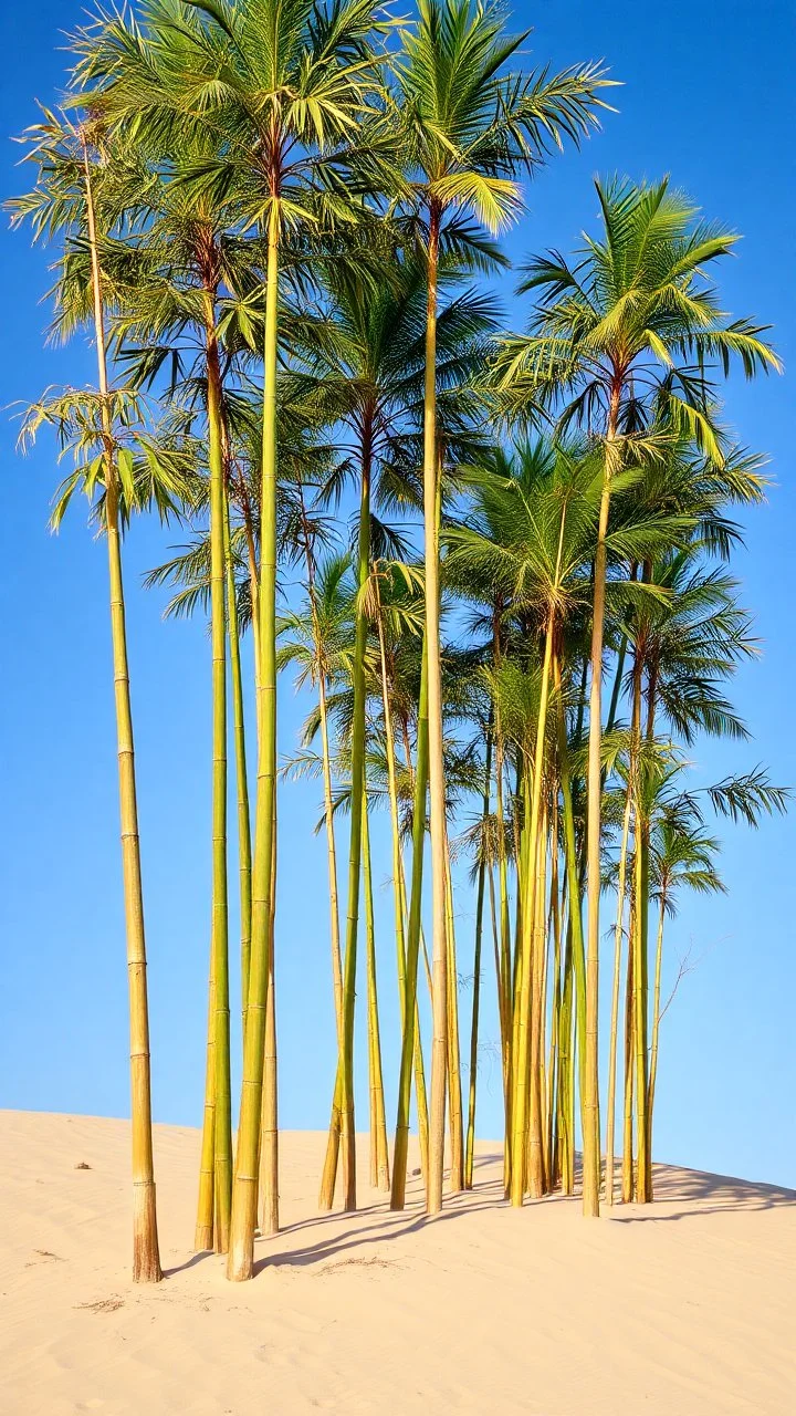 realistic photo of a tall bamboo trees in a landscape covered in sands