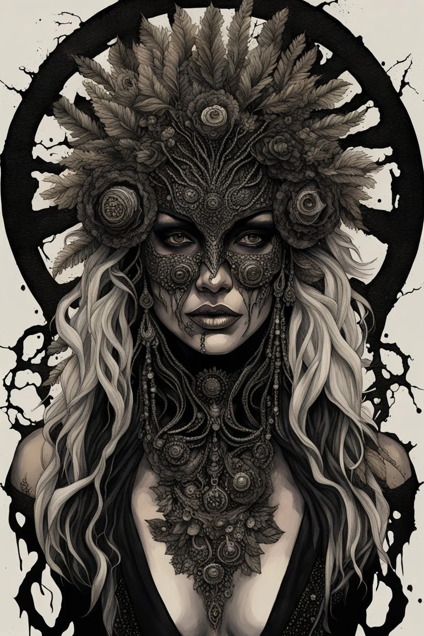 portrait vantblack pouring Acrylic an cyberpunk shaman woman extremely textured botanical-metal faced portrait with a voidcore metal gothica headdress with metallic filigree gothica ornaments around onix stones mineral stone metallic watercolour an black ink filigree silver voidcore shamanism foral ornaments plants and tree branches black ink on half face masque gothica filigree voidcore athmospheric organic bio spiral ökoart creepy stunning