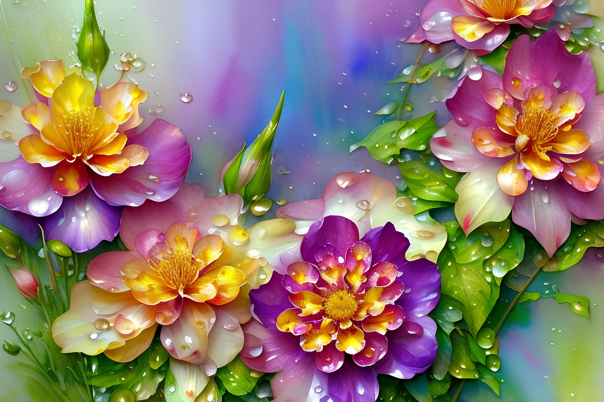 "Impressionism, Flowers covered with rain drops and splashes wet on wet, loose watercolour with drops, ultra soft colours, watercolour. Watercolor on White paper. yellow and purple complementary colors detailed painting renaissance painting fractal fractal beautiful colorful complex"