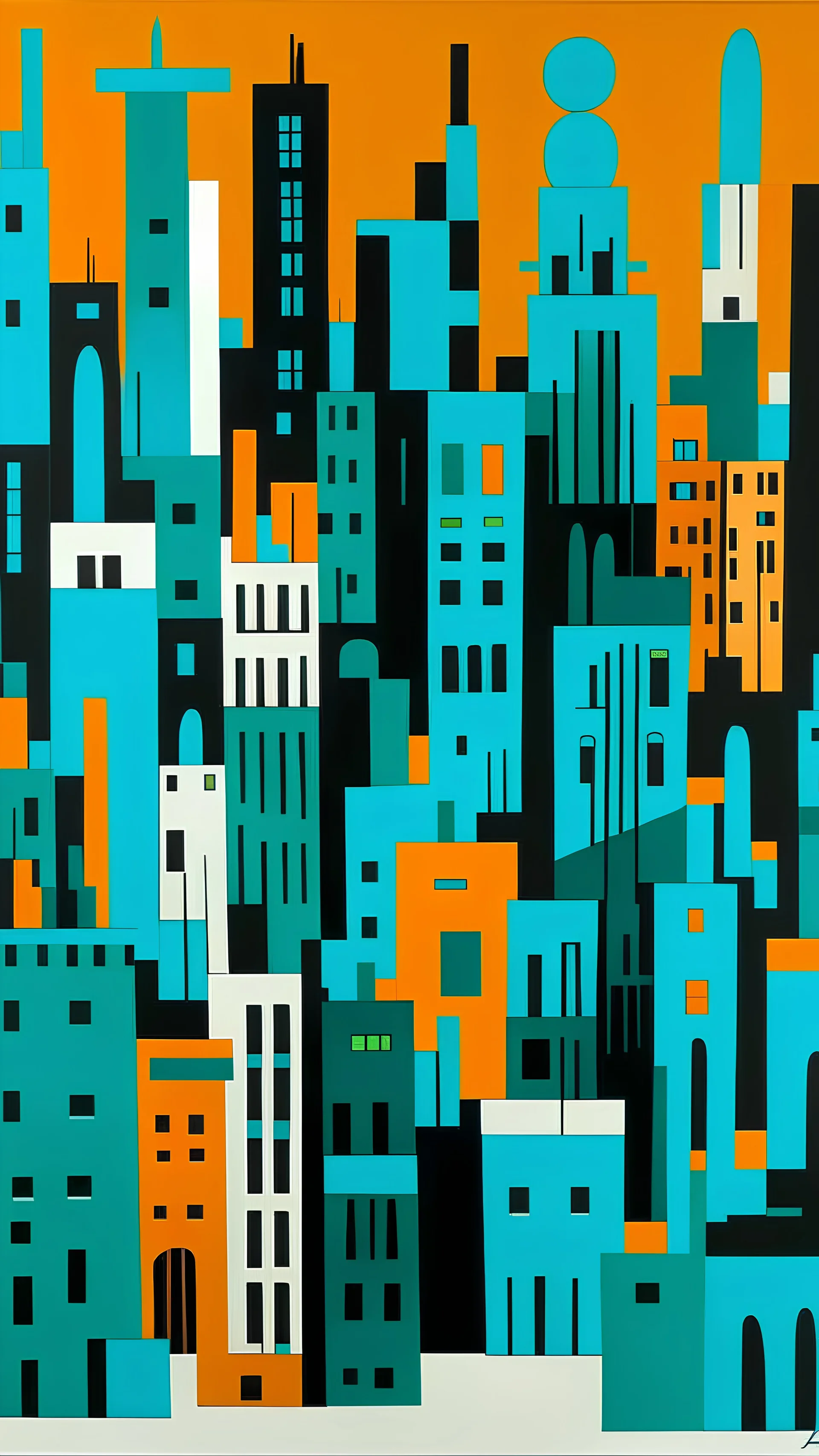 A teal city with towers painted by Stuart Davis