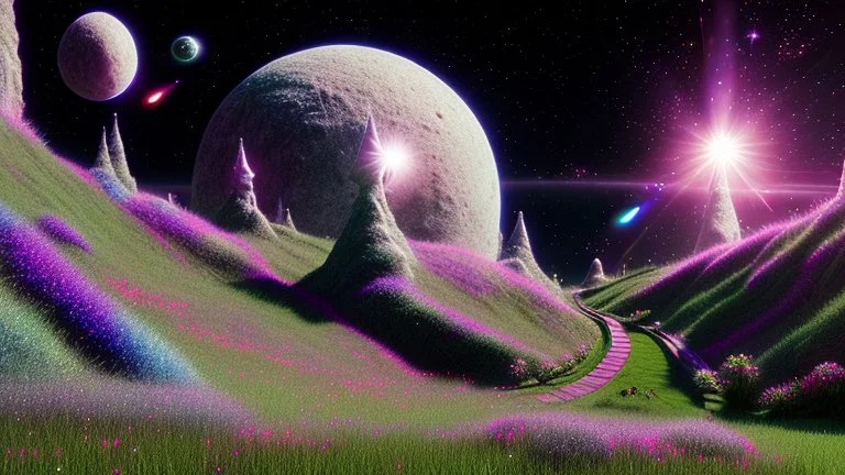 black crystal cosmic and galactic ambiance hill road stairs field grass sunny sky stars night surreal, full of details, smooth, bright sunshine，soft light atmosphere, light effect，vaporwave colorful, concept art, smooth, extremely sharp detail, finely tuned detail, ultra high definition, 8 k, unreal engine 5, ultra sharp focus white and violet landsacape with multicolored crystals falling from the sky, full of details, smooth, bright sunshine，soft light atmosphere, light effect，vaporwave