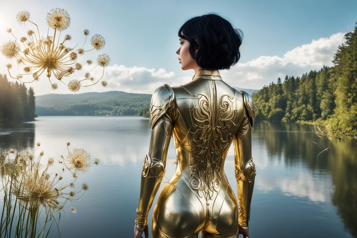 A skinny woman with black hair, in a gold and silver android suit, standing, looking out over a lake, with flying dandelion heads with octopus tentacles, with tall narrow cloud trees in the distance