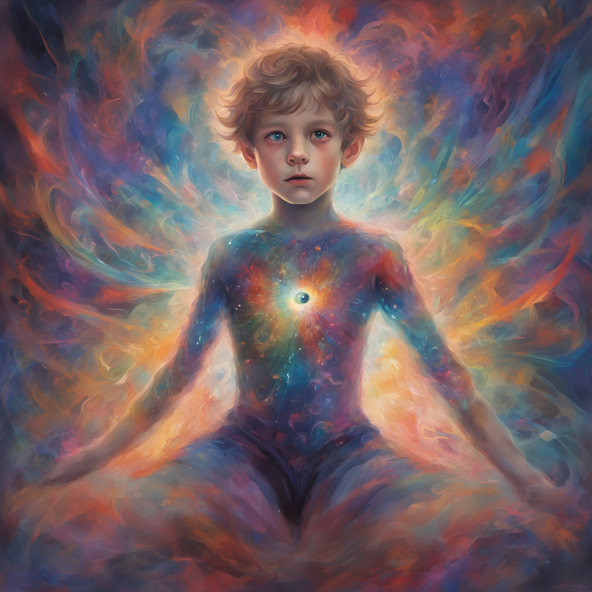 A young boy, adorned in a kaleidoscope of colors, dons a captivating leotard. His eyes, wide with wonder, are fixated upon a mysterious and ethereal glow emanating from the eyes of a ghoul. The tendrils of this otherworldly being gently coil and encircle him, creating an enchanting dance of light and shadow. This captivating image evokes a sense of both fascination and trepidation, where the boundaries between reality and the supernatural intertwine