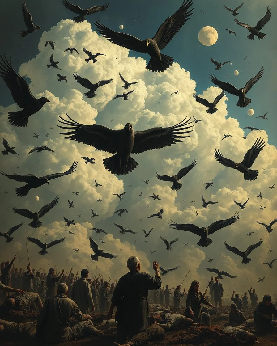 Bosch painting style, nightmare , people suffering in hell , dramatic, great quality picture with cinematic scenes , clouds in the background, many dead bodies are carried by giant birds like stars in the sky , children’s and black birds fill the backgrounds birds are taking the humans in the sky