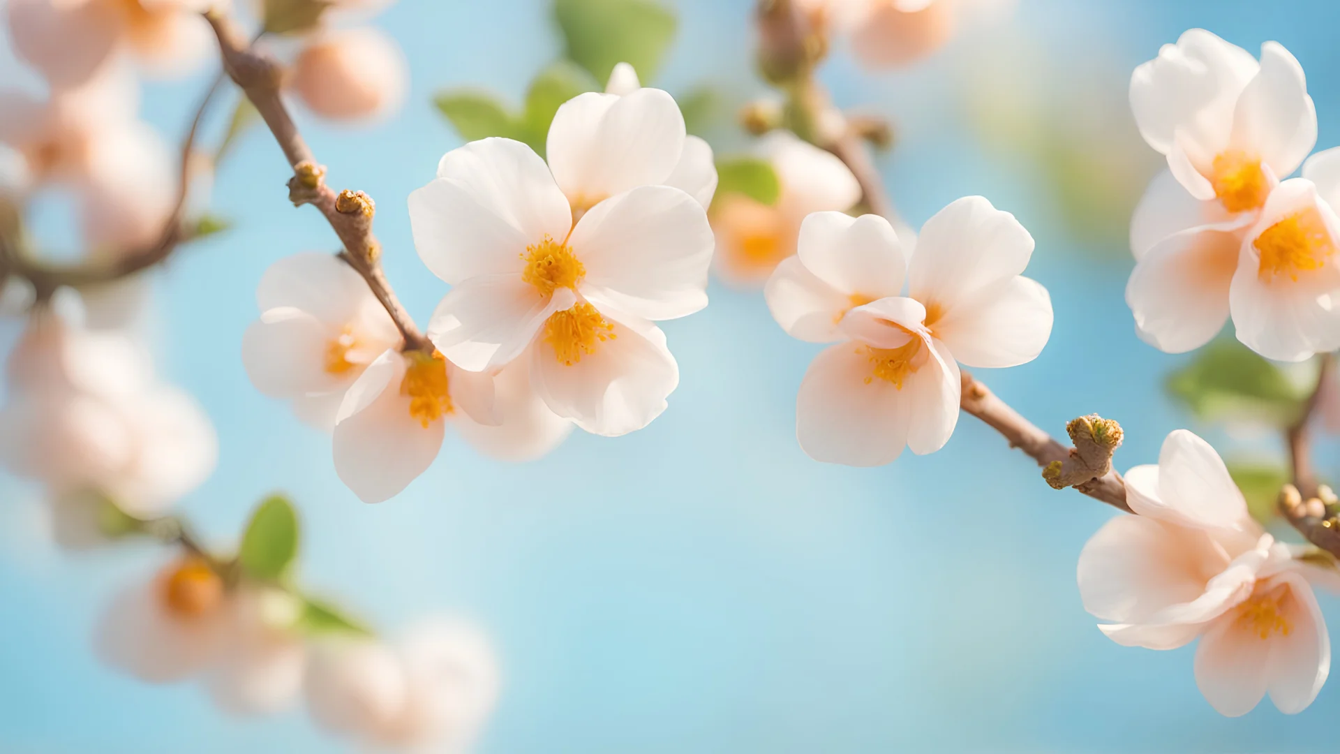 Beautiful floral spring abstract background of nature. Branches of blossoming apricot macro with soft focus on gentle light blue sky background. For easter and spring greeting cards with copy space