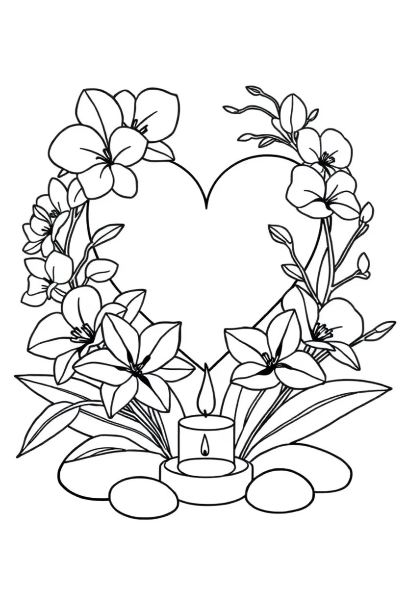 outline art for visually rich appealing heart ikebana orchids plumeria spa rounded stones around candles, coloring page for kids, white background, fit to page, only use outline, clean line art, no shadows, clear and well outlined