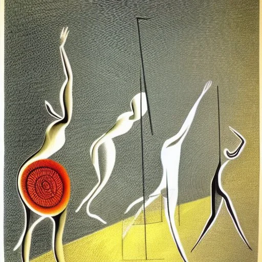 drawn in single line by Nicolai Blatter with hatch with parallel wavy lines metal engraving with african man dance procession in salvador dali style or picasso style