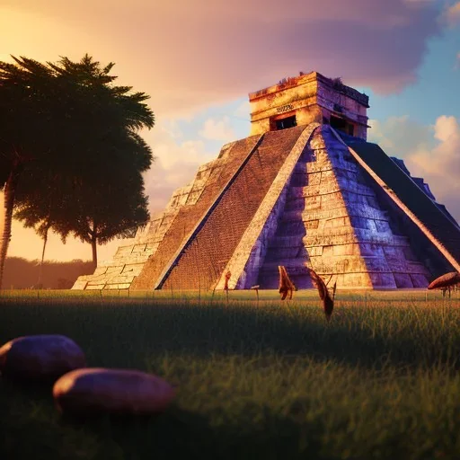 Chichen Itza, sunset, rainbow sunset, waterfall palms twigs spring sunset rainbow bridge birds unreal engine 5, realistic, hyper detailed, 8k