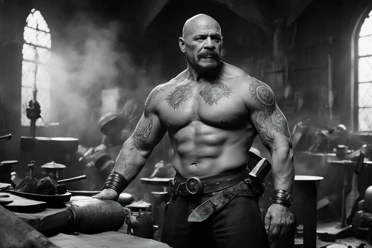 [very impressive high res masterpiece in Kodak Eastman 5247, scene by László Krasznahorkai] bald Charles Bronson as Vulcan covered with tattoos, the deity of hell and blacksmith of gods, in his smoky workshop, his hands are surrounded by an aura of power