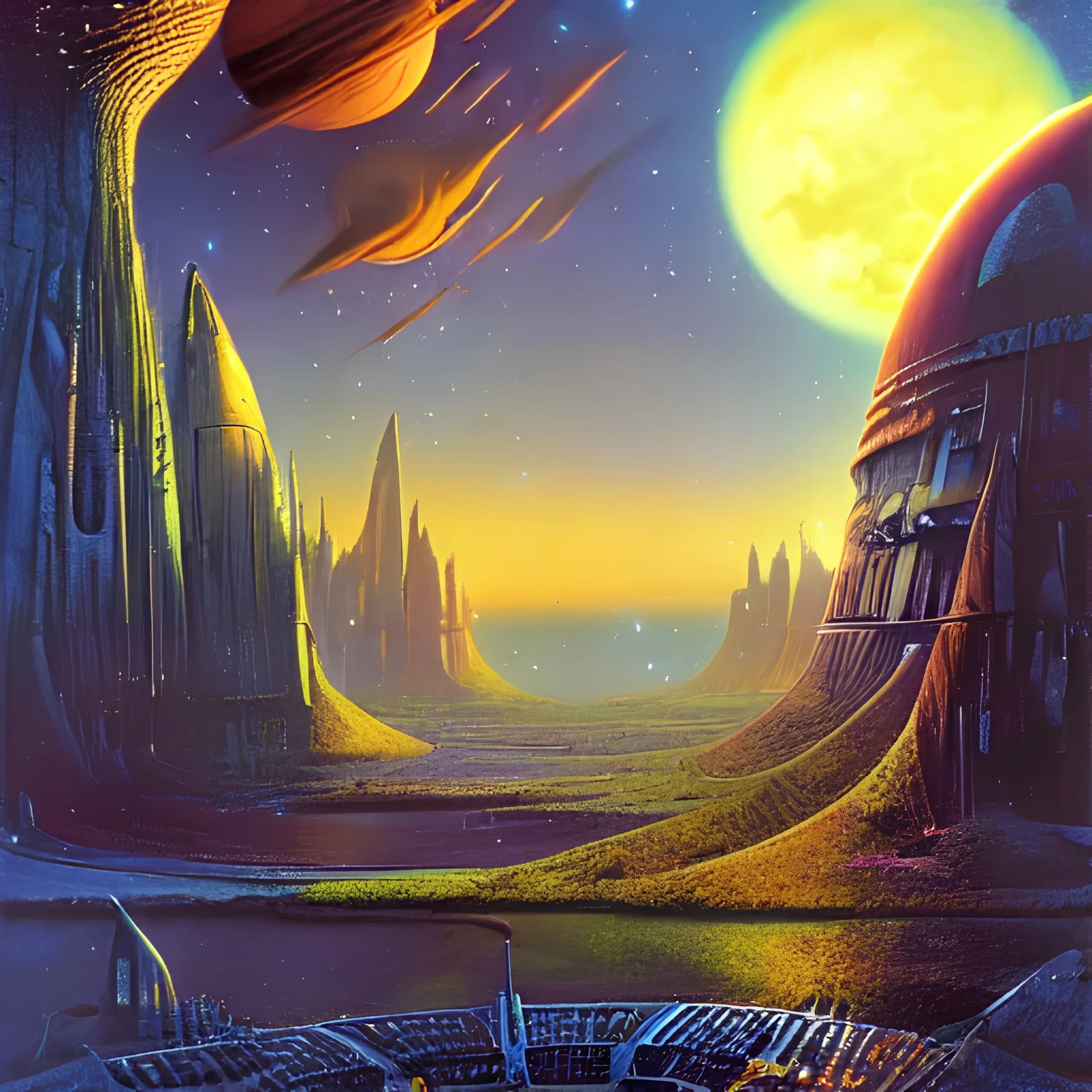 A fantastic space city by Bob Eggleton and by Ralph McQuarrie and by Roger Dean and by Paul Lehr.