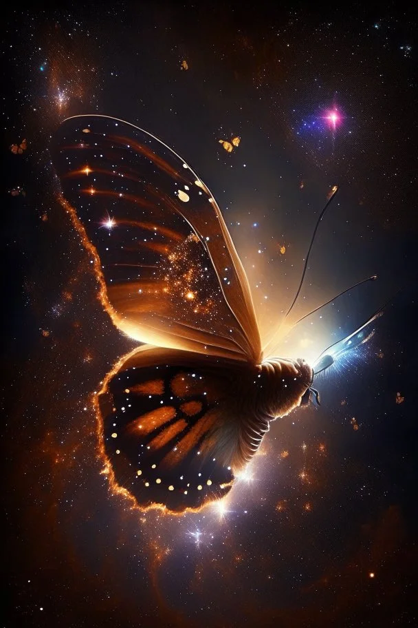 A light luminous brown butterfly in a galaxy of stars in space