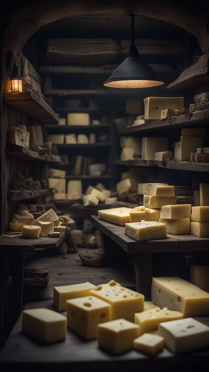 Si-Fi, The permanent under atmospheric lighting effects, a whole tables and shelves filled with all kind of cheese blocks . intricate historical moody atmosphere, eerie grimdark ambiance, complex motherboard accents, speculative fiction art. Bokeh