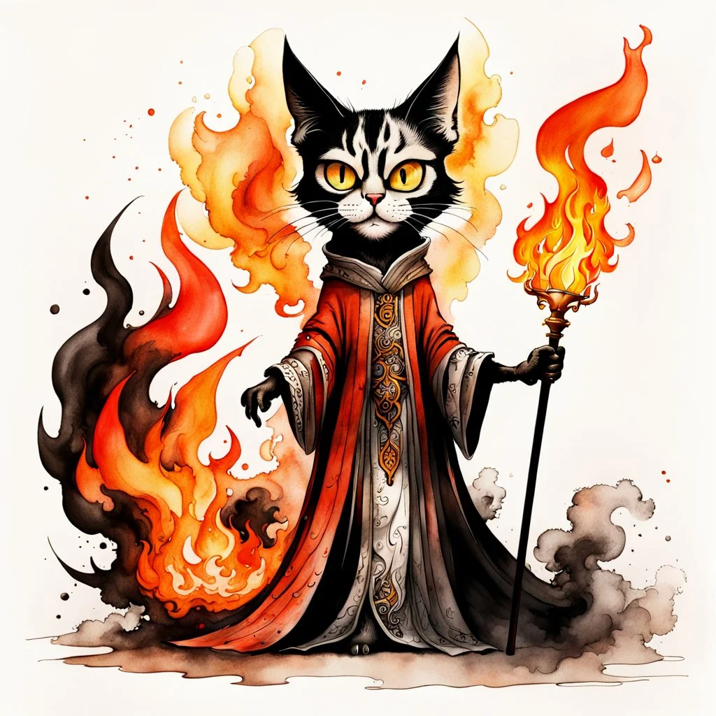 create an abstract ink wash and watercolor full body caricature of an aged, malevolent, ornately dressed , 14th century sorceress cat engulfed in fire ,highly detailed with refined feline features in the cartoon caricature style of Gerald Scarfe and Ralph Steadman precisely drawn, boldly inked, vividly colored, 4k