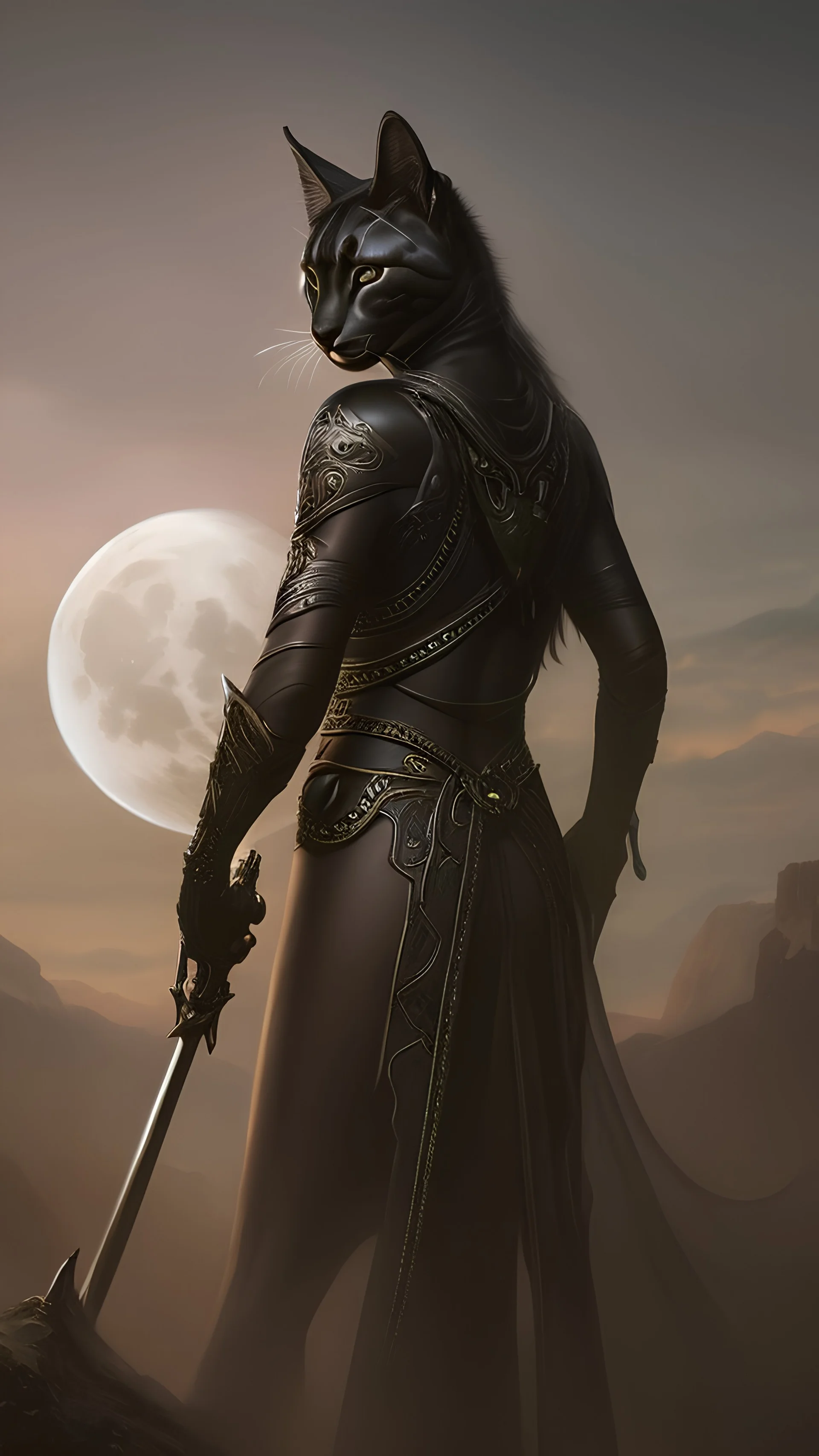 Photoreal Detailed d&d character portrait, nighttime oasis scene with mist and the moon is visible in the background, black jaguar female tabaxi humanoid, eyes glowing with mystical energy, dark fantasy, detailed, realistic face