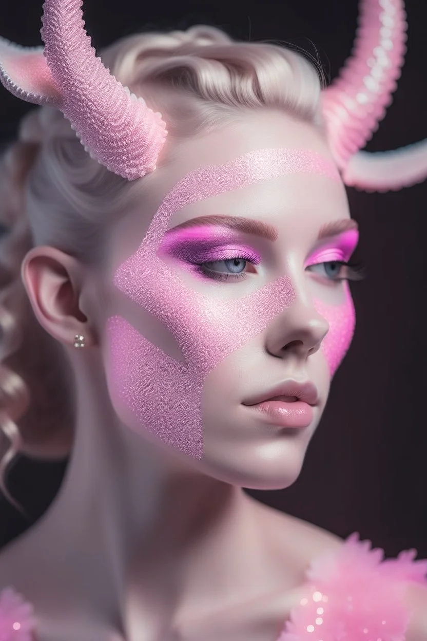 fine-art, photography of a half woman, half goat, a eyes Closed by stitches horn like a goat, in the style of glitter pastels, surgical, stitches on mouth, light-pink, ceramic face