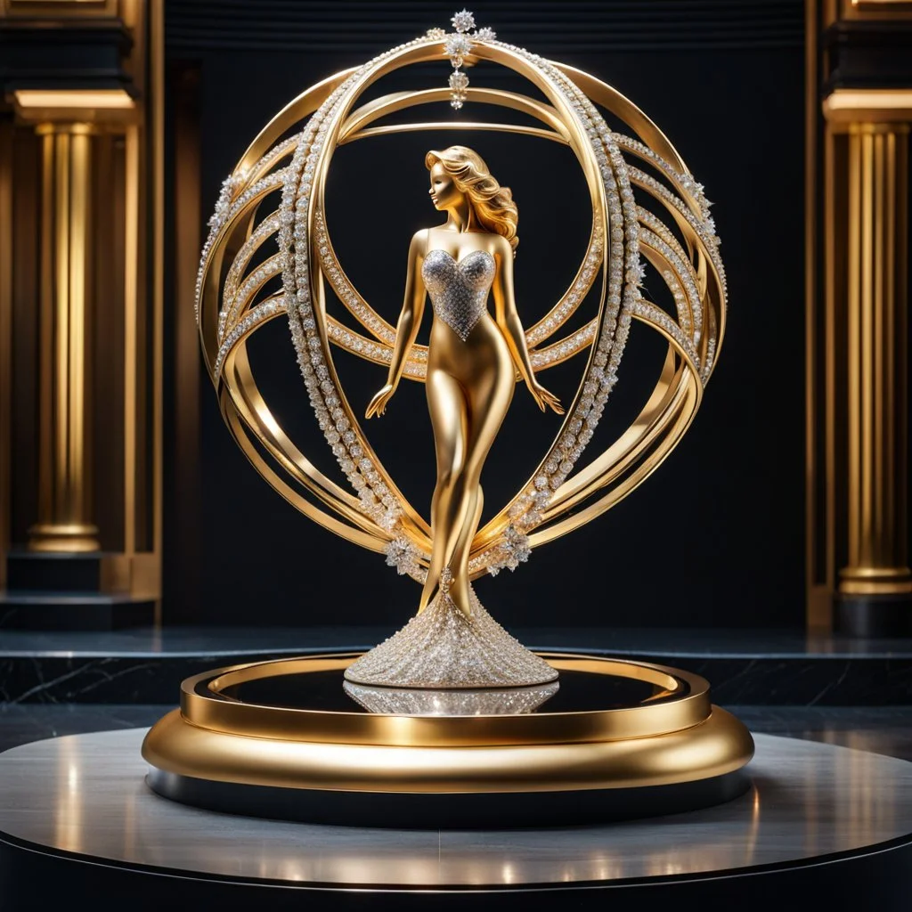 A magnificent golden and silver heart-shaped sign adorned with a stunning golden sphere encrusted with sparkling diamond clusters at its center, elegantly spinning in position,a girl statue standing pose