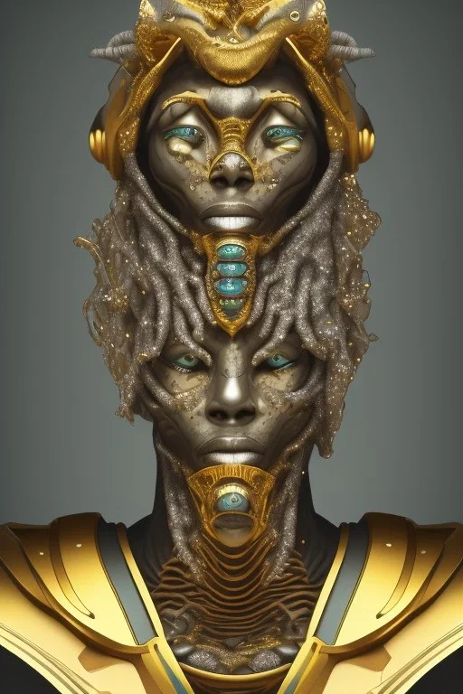 black male African Egyptian alien, cracks in the voodoo head, wicked, diamond eyes, crown, blood, 8k, finely detailed, photo realistic, leopard robe turquoise skull head gold dragon space alien rain skeleton gold teeth silver crown silver space suit spaceships