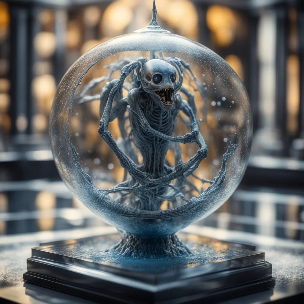 giger escher araknid sculpture in transparent murano glass beeing sprinkled by fountain inside glass box,bokeh like f/0.8, tilt-shift lens 8k, high detail, smooth render, down-light, unreal engine,bokeh like f/0.8, tilt-shift lens 8k, high detail, smooth render, down-light, unreal engine