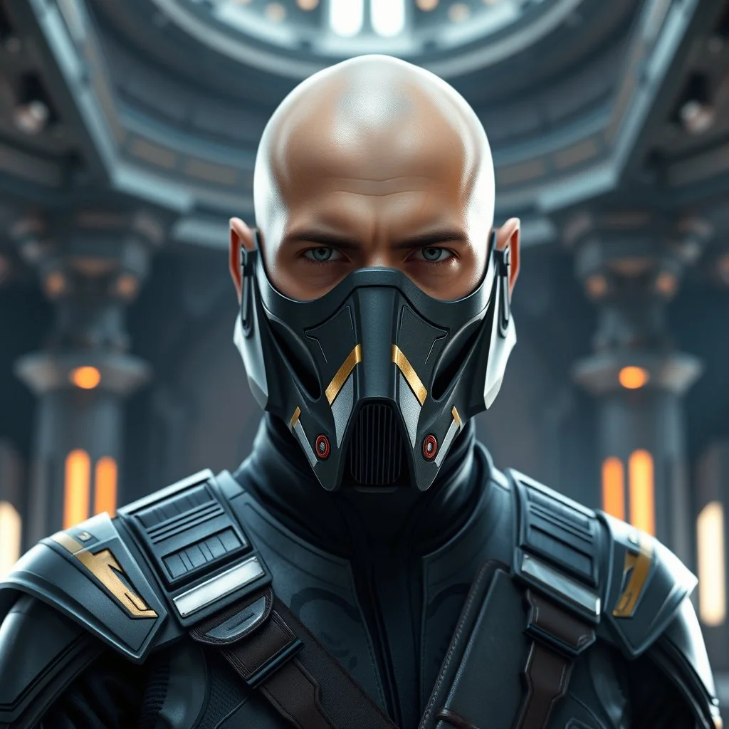 bald male corellian jedi wearing gunmetal grey and black old republic armored flightsuit and breath mask with gold and metallic red trim inside the jedi temple, centered head and shoulders portrait, hyperdetailed, dynamic lighting, hyperdetailed background, 8k resolution, volumetric lighting, light skin, fully symmetric details