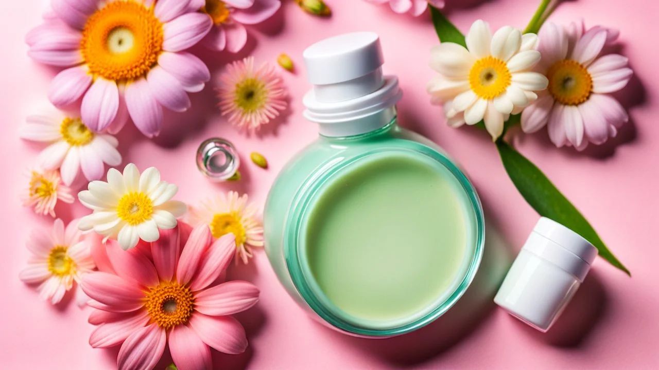 a bottle for cosmetics and a cream jar lies on a beautiful floral background top view, in the background there are beautiful spring flowers and a drop of cream, high-quality picture, top view