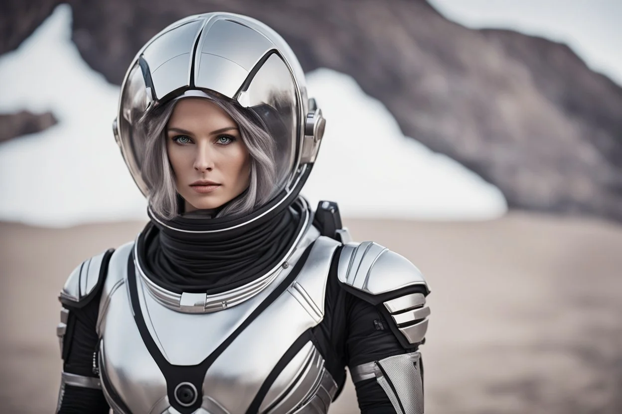 photo of a Sci-fi woman, wearing a silver and black spacesuit looking like an android, no helmet, on an alien planet