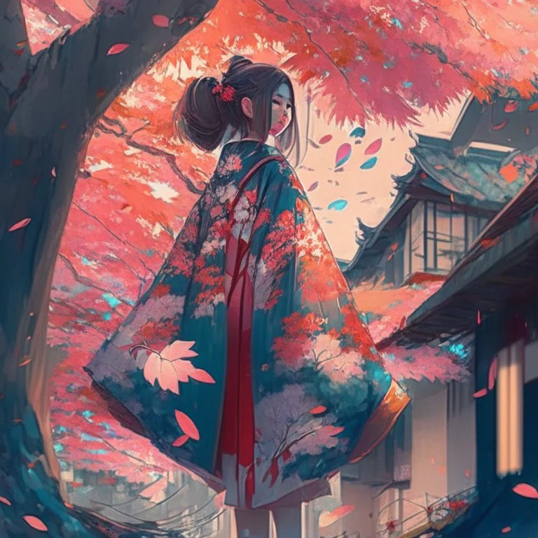 a girl wearing a kimono with ornaments and the leaves falling from the trees near a street filled with beautiful cherry trees futurism, digital art, full details, high resolution, colorful, 4k, HD