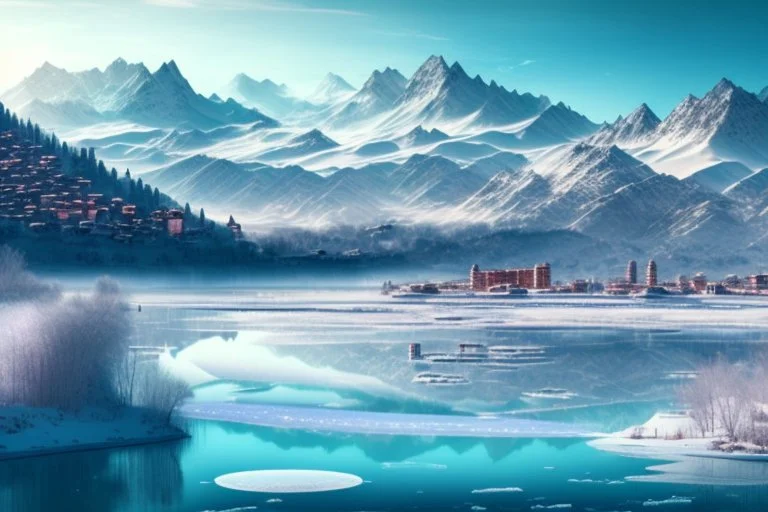 City near the mountains, and frozen lake