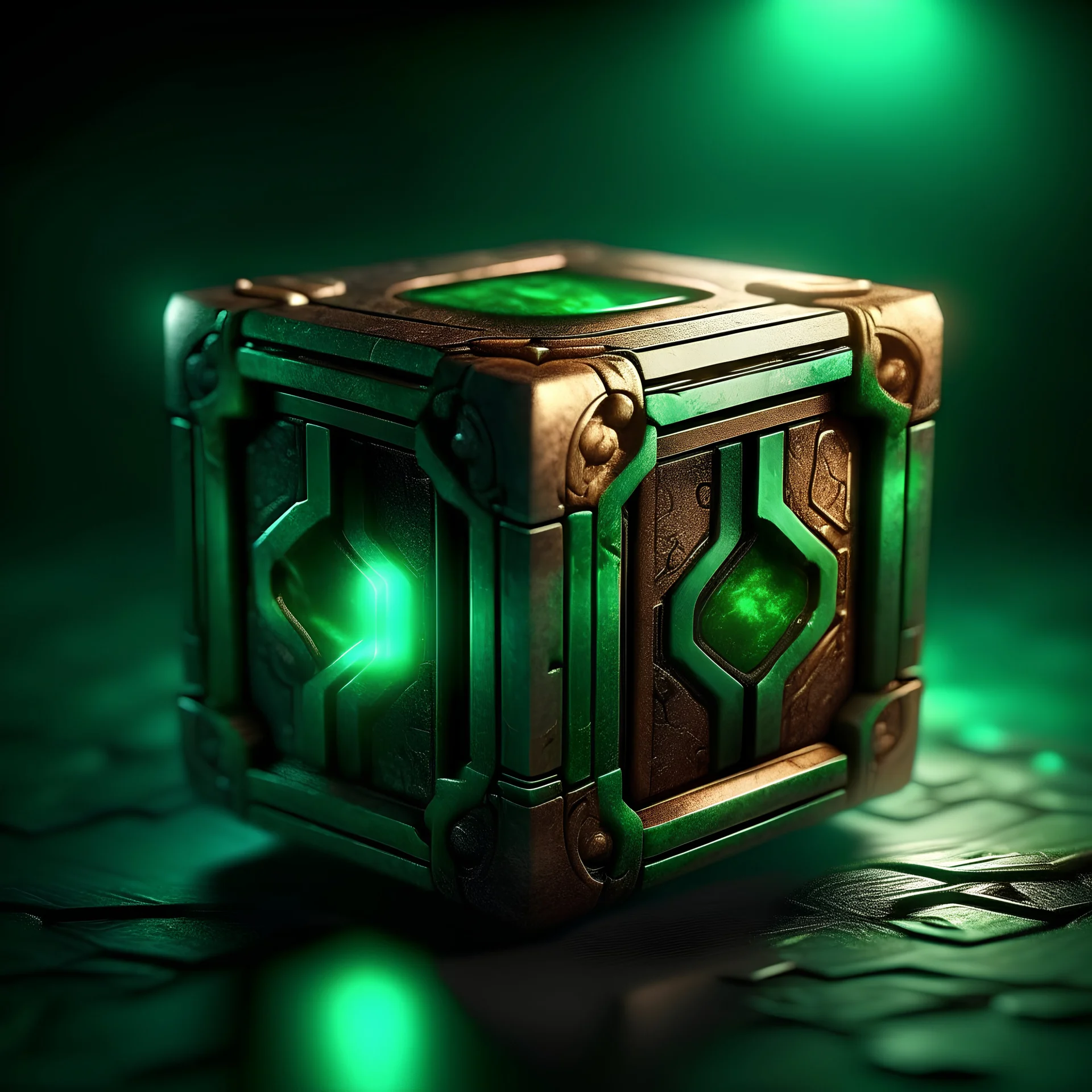 Create an image of old copper cube with some green occidation with strange magical runes