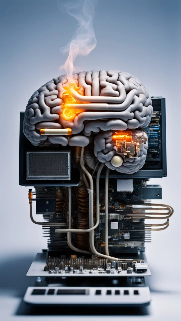 A smoking brain in side a computer component chips and mini lcd lamps