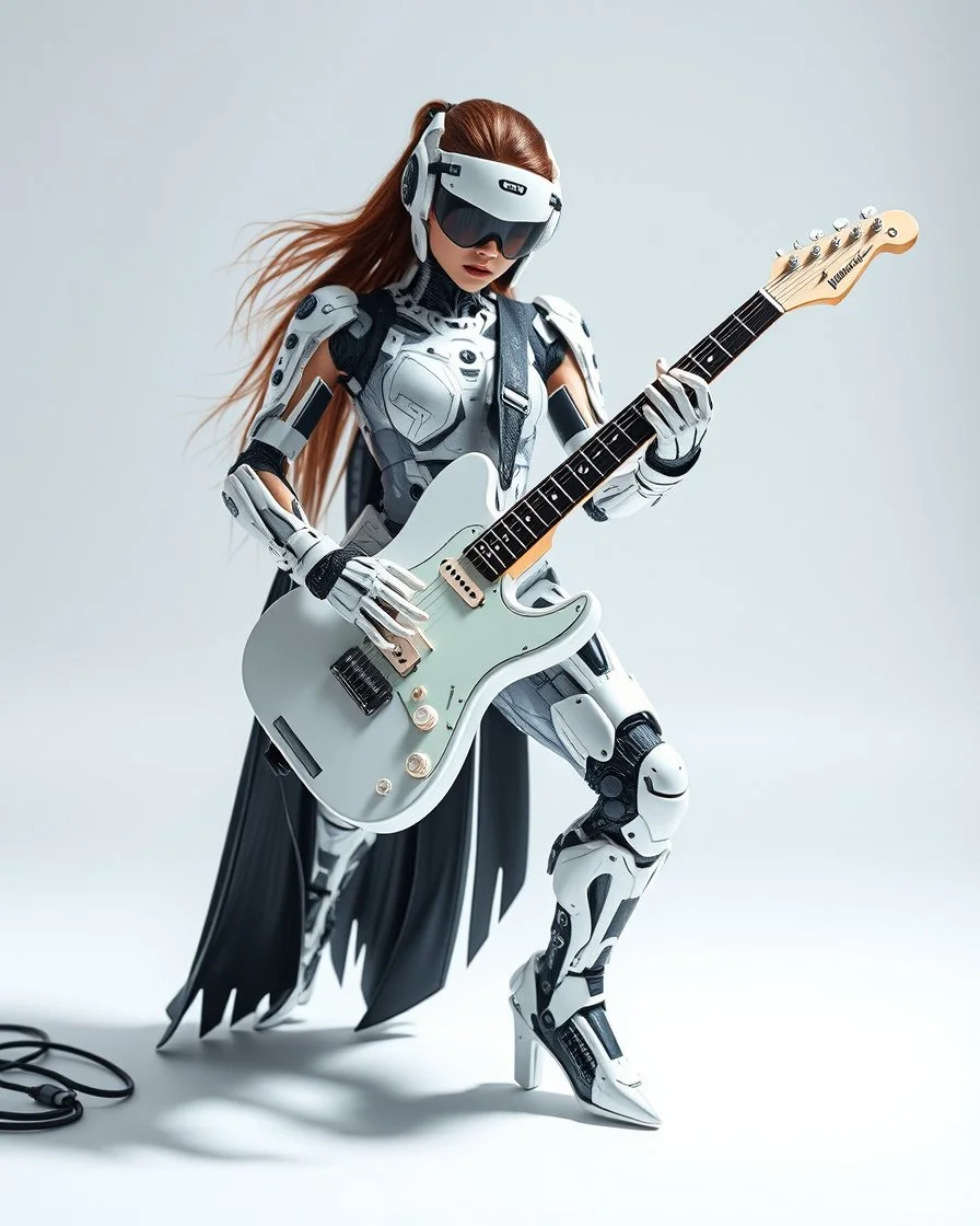 Dynamic pose Rocker, Front view full body all to feet rendering Beautiful Female as Futuristic Hybrid mecha robotic Guitarist body chasing clear surfaces it from made transparency super clear glass explore inside components nature plants, advance design futuristic sci fi picture,find details,Sony Alpha 7 50mm 1.8,medium shot, high-resolution image with fine details,ultra detailed,ultra realistic,extremely realistic,intricate,photorealistic,epic composition