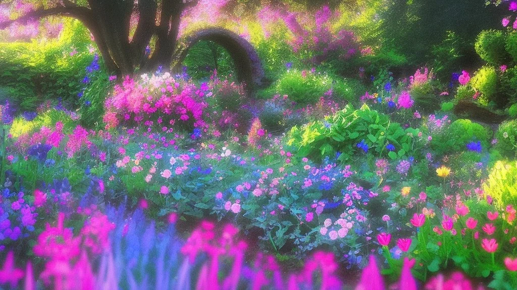 verybeautiful-magical-garden-of-the-angelic-kingdom-blue-and-pink-plants-and-trees-small-river-sunshine-flowers-haze-thumb-rainbow-ufo-bright-colors-light flowers