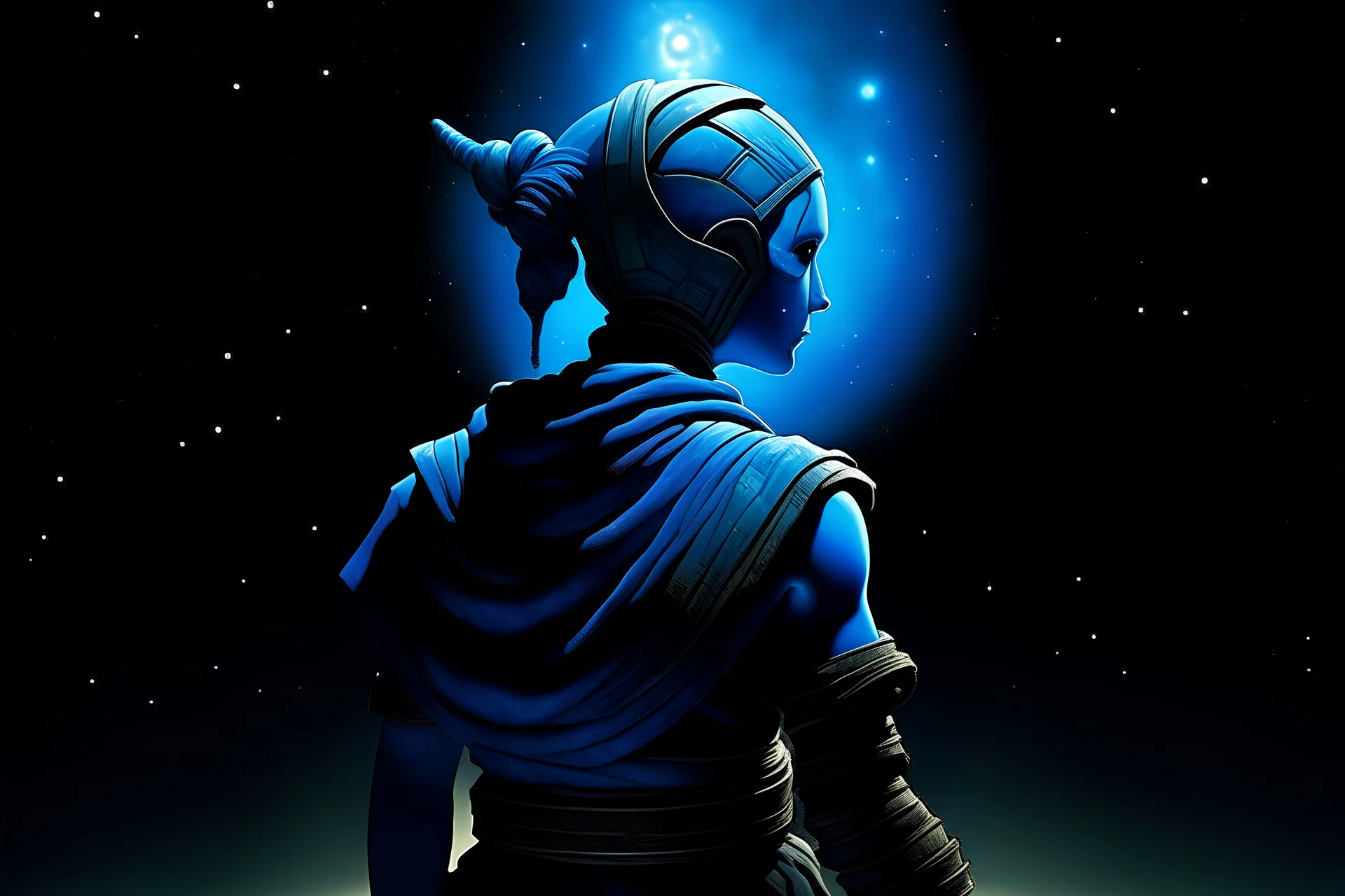 a twi'lek in tattered clothing from behind, looking up at the night sky at the Star Wars entity abeloth, as she descends from the sky, a swirling blue portal behind her far away in the sky