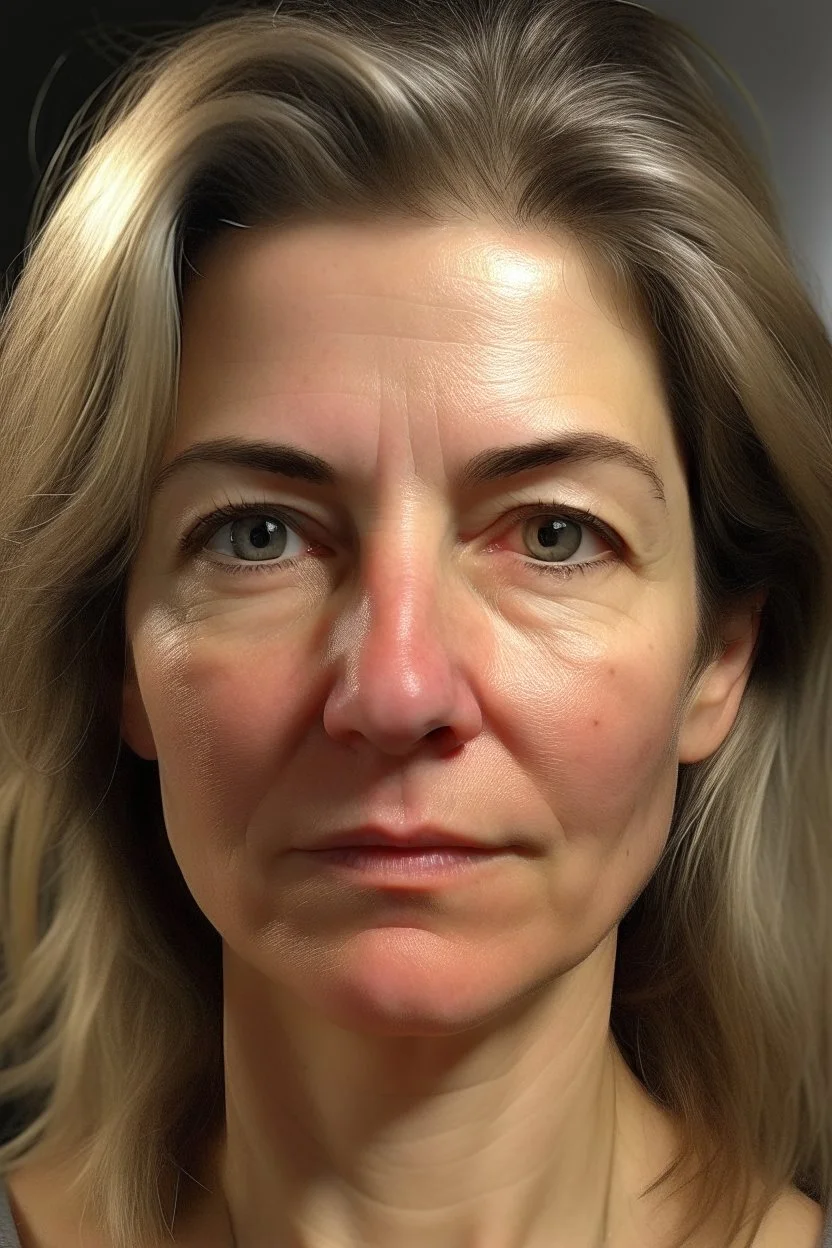 realistic, (44yr old female)without makeup, Caucasian face, studio lighting, cinematic light, beautiful woman, dark blond middle hair, no smile, (head frame), on light background, curiously complete, elegant, close to perfection, dynamic, highly detailed, non-symmetrical body a, detailed natural oily hair and skin texture.