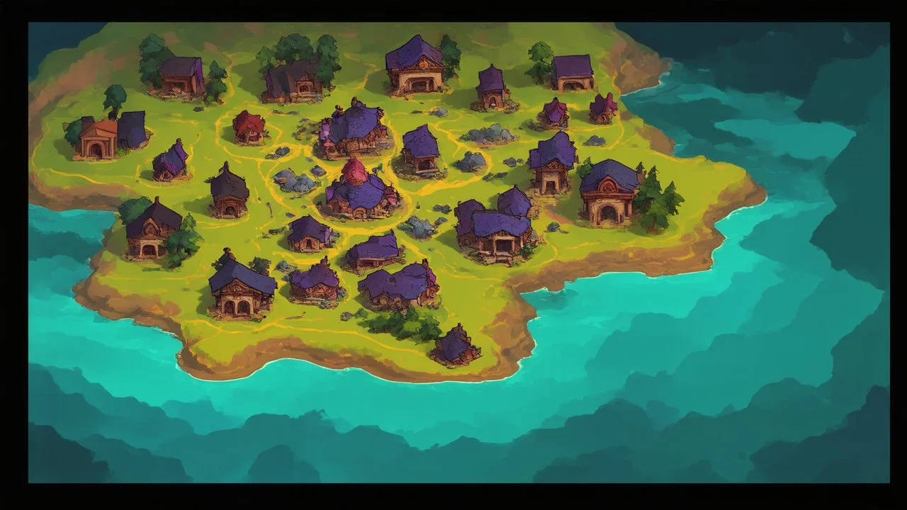 The Land of Stain and Mausoleums is a dim place. This land's color scheme includes aquamarine, yellow, and violet. It features dark lochs and chaotic villages.