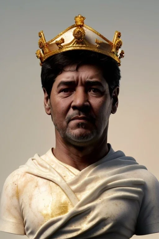 Ultra Realistic image, classic sculpture, white marble material, Maradona, gold saint crown, gold veins, gold ornaments, sun rays background, waist up portrait, epic, celestial, cinematic lighting, God lights, 4k resolution, smooth details, soft lighting, unreal engine 5, art station, substance 3d.